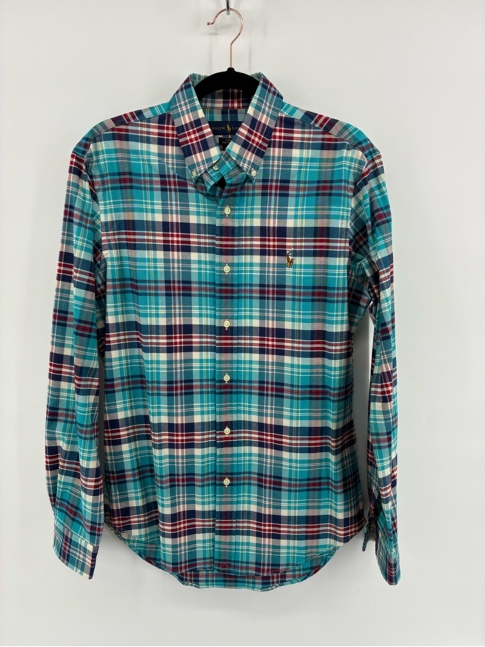 Ralph Lauren Slim Fit Stretch Oxford Teal and Red Plaid Dress Shirt